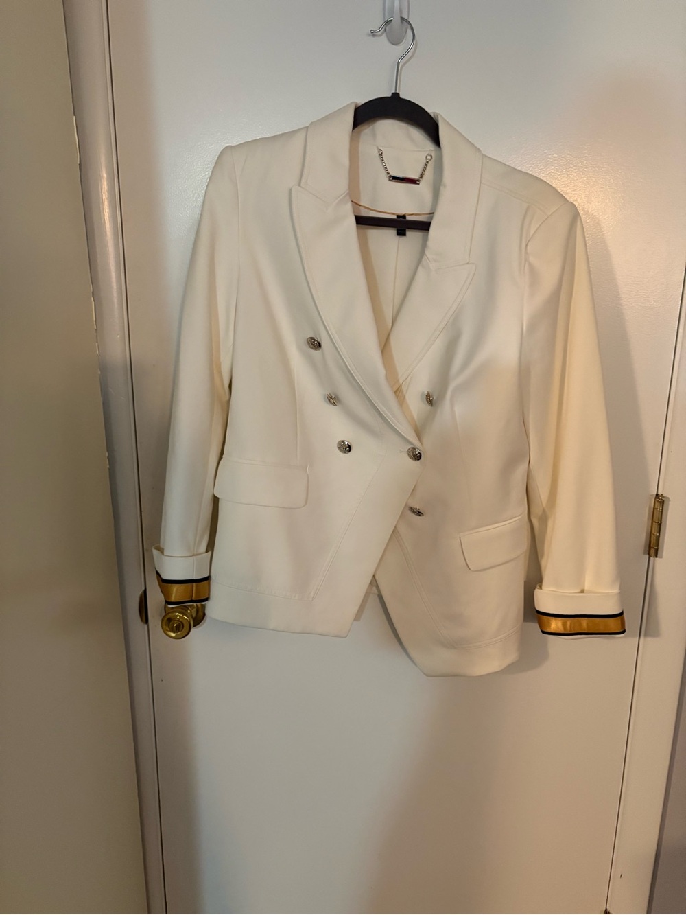 White House Black Market Cream Double-Breasted Blazer with Trim